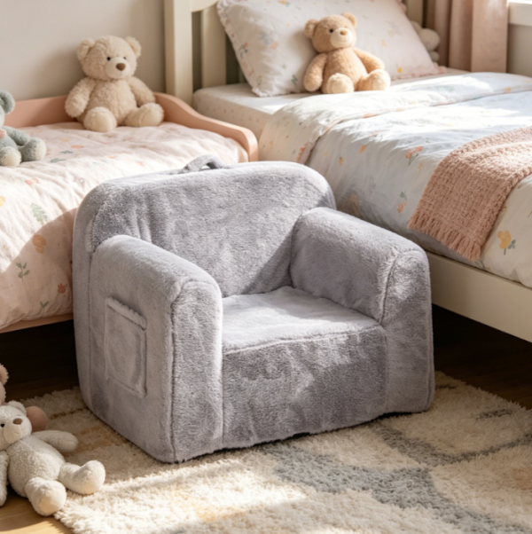 Plush Grey Kids Foam Sofa with Handle and Side Pockets